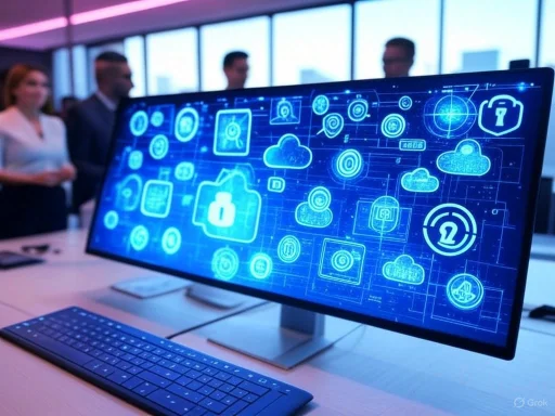 A computer monitor displays a digital lock and cloud security icons, with professionals in the background of a modern office.