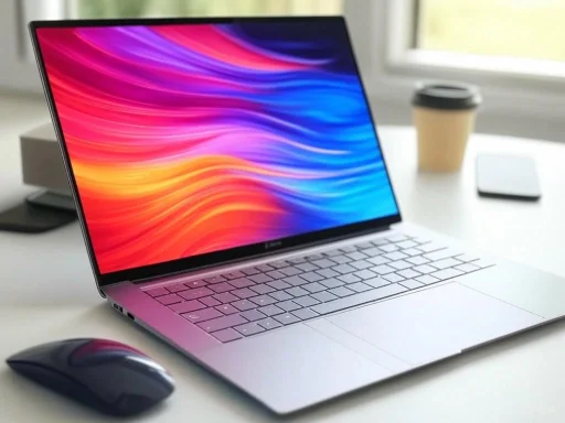 A sleek laptop with a vibrant, colorful display, placed on a white desk with a mouse and coffee cup nearby.