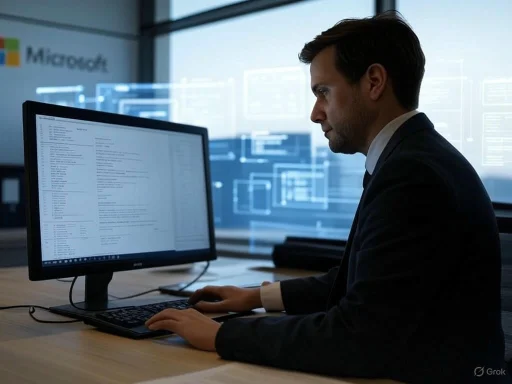 A man in a suit works on a computer in a modern office with holographic interfaces and Microsoft branding in the background.