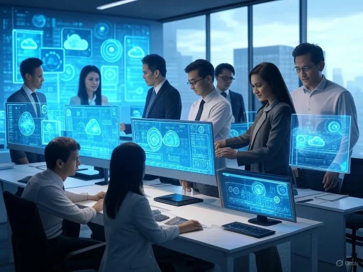 A team of professionals collaborates in a high-tech office, analyzing data on futuristic holographic screens.