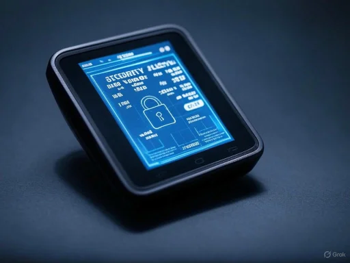 A futuristic digital security device displaying a padlock icon and information, suggesting access control or authentication.