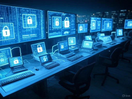 A cybersecurity control room with multiple screens displaying locks and security codes, in a dark environment.