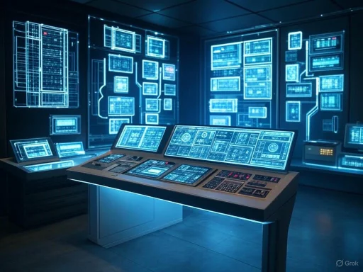 Futuristic control room with holographic digital interfaces and multiple screens displaying data and schematics.