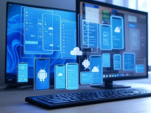 Digital interface with floating app screens on computer and monitor, illustrating mobile app development or cloud technology.