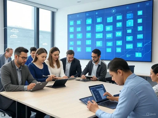 Business team in a meeting room reviewing digital dashboards on large screens and laptops.