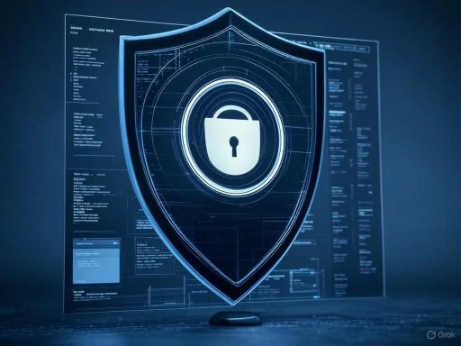 A digital shield with a lock icon in the center, representing cybersecurity and data protection.