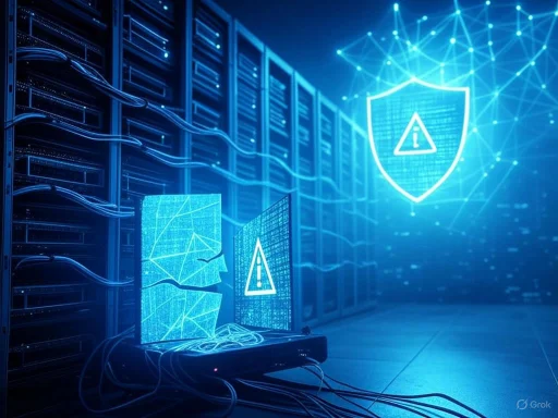A digital illustration of cybersecurity in a server room, featuring a hacker with digital screens and a shield warning symbol.