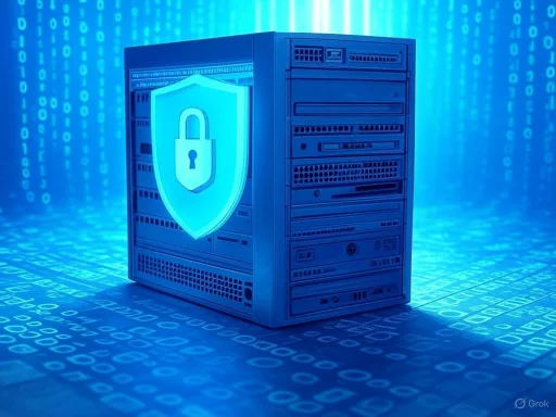 Server rack with a digital shield icon representing cybersecurity and data protection.