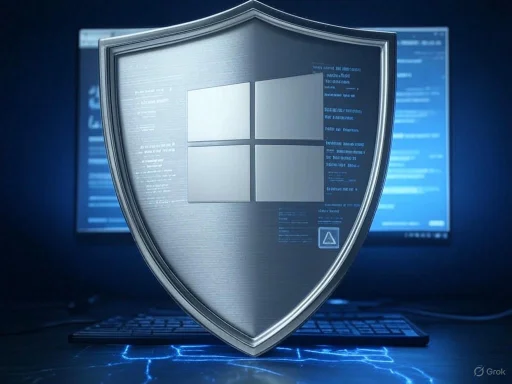 A digital security shield with the Windows logo overlays a computer monitor, symbolizing cybersecurity protection. A digital security shield with the Windows logo overlays a computer monitor, symbolizing cybersecurity protection.
