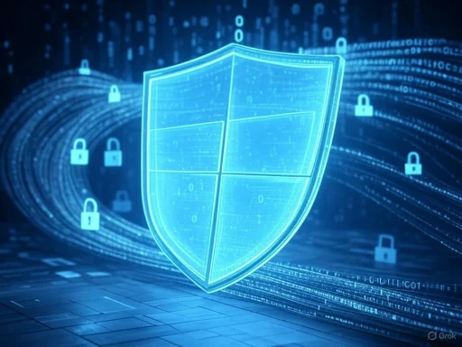 A digital shield represents cybersecurity and data protection against cyber threats.