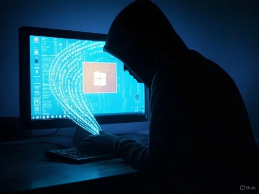 A hooded individual appears to be hacking into or analyzing data on a computer, illuminated by a blue screen with digital code.