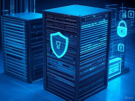 Data servers with digital security icons and shields representing cybersecurity protection.