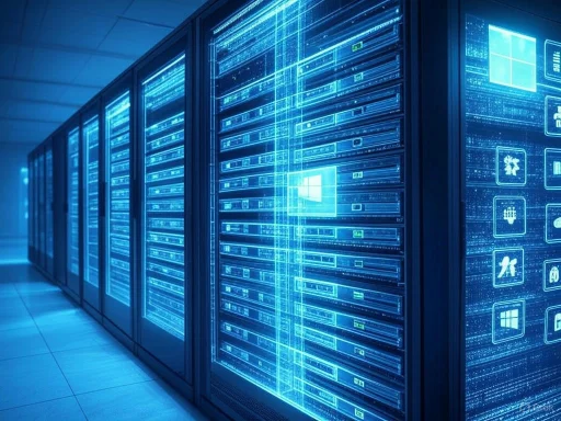 A row of illuminated, futuristic server racks displaying digital interface icons and data streams in a data center.