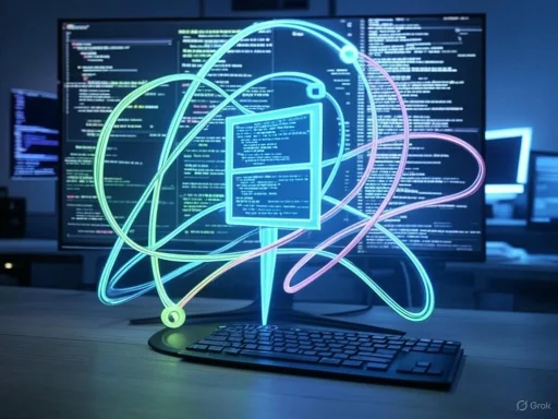 A computer setup with holographic lines and code overlay symbolizing advanced coding or cybersecurity technology.