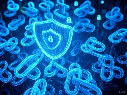 Digital security concept with a shield and lock surrounded by interconnected links and binary code.