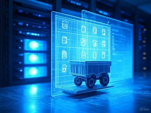 A digital blueprint of a warehouse truck, displayed on a holographic screen in a high-tech server room.