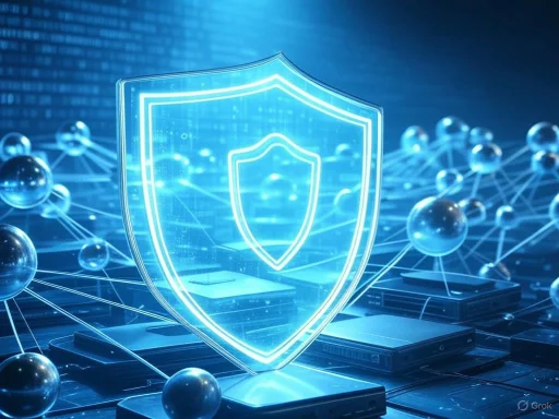 Digital shield icon hovering over interconnected devices, symbolizing cybersecurity and data protection. Digital shield icon hovering over interconnected devices, symbolizing cybersecurity and data protection.