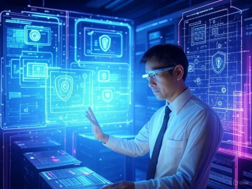 A man in a white shirt and glasses interacts with holographic digital security icons in a high-tech data center.