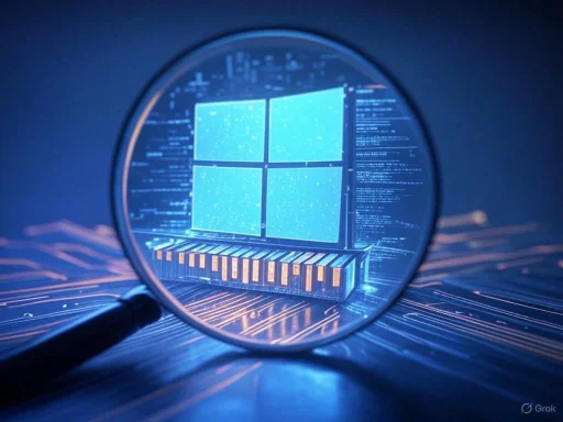 A magnifying glass reveals a computer screen displaying the Windows logo with digital data and code in the background.