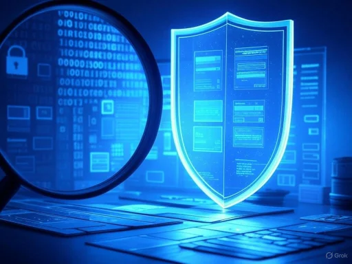 Magnifying glass focusing on digital security shield with code and lock icons on a computer screen.