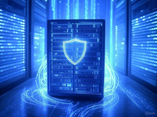 A server with a glowing security shield icon, surrounded by digital light trails, in a high-tech data center.
