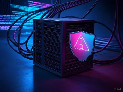 A data server with cybersecurity shield icon, surrounded by cables, illuminated in vibrant neon colors. A data server with cybersecurity shield icon, surrounded by cables, illuminated in vibrant neon colors.