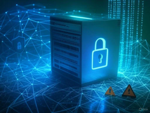A server with digital lock icons, surrounded by digital network graphics and warning signs, symbolizes cybersecurity. A server with digital lock icons, surrounded by digital network graphics and warning signs, symbolizes cybersecurity.