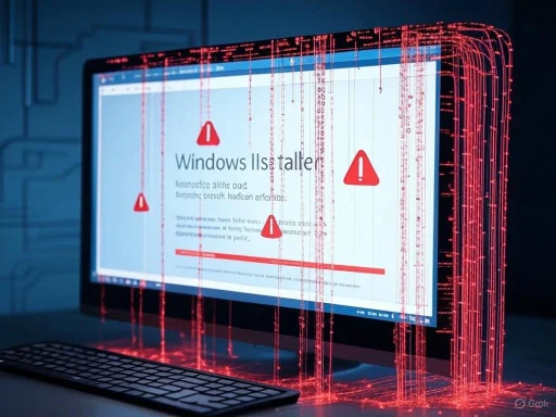 A computer screen displays a Windows error message with red warning icons and graphical glitches resembling a digital crash.