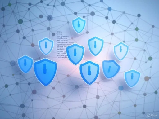 Digital security shields interconnected in a network, symbolizing cybersecurity protection.