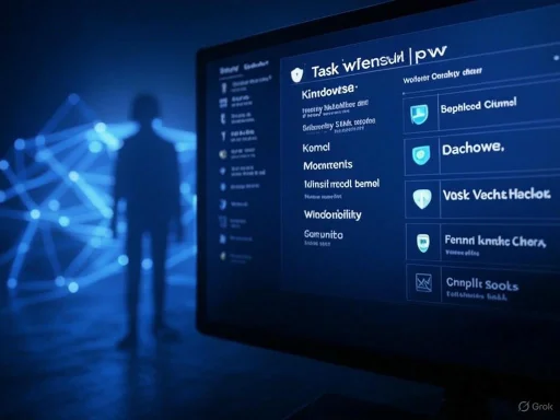 A person standing in front of a digital interface with a blue security-themed background, displaying a list of tasks or threats.