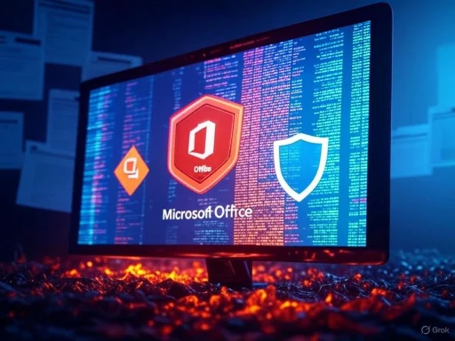 The image shows a computer screen with Microsoft Office logos and a shield icon, surrounded by digital data and security symbols.
