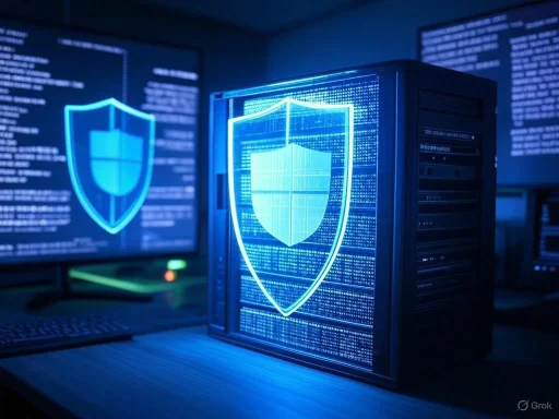 A computer server with digital security shield icons displayed on screens, indicating cybersecurity protection.