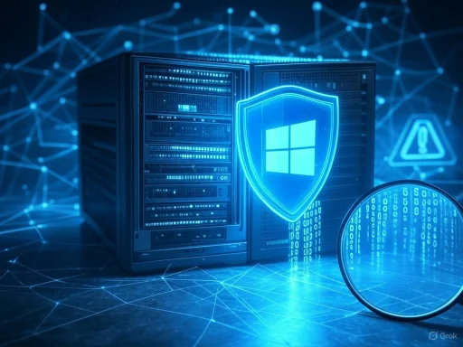 A server cabinet with a glowing Windows shield icon, surrounded by digital security graphics and binary code.