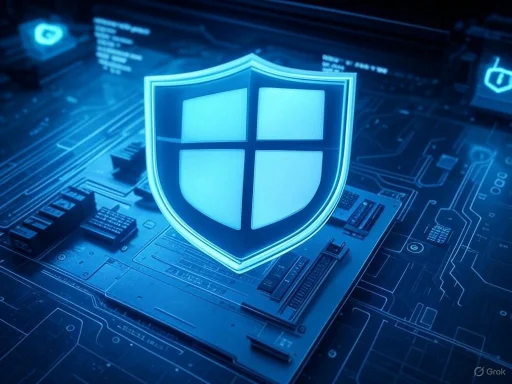 A digital shield icon overlays a computer motherboard, symbolizing cybersecurity and protection.