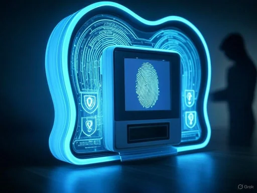 A biometric fingerprint scanner with digital security icons and a glowing blue holographic display.
