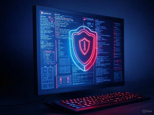 A computer screen displays cybersecurity graphics with a shield and exclamation mark, indicating a security alert.