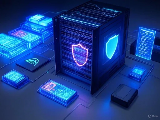 A digital server protected by neon-lit security shields on a high-tech circuit board.