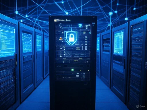 A secure data center with multiple server racks and a central server displaying a shield and lock icon.