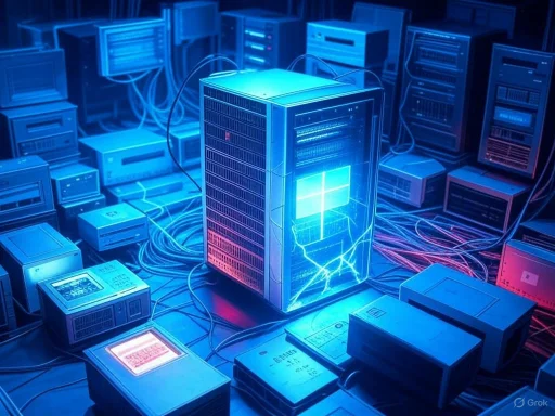 A central server emits lightning inside a futuristic data center filled with numerous network servers and cables.