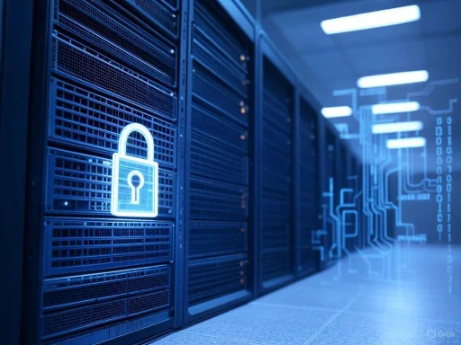 A server room with digital security lock icon overlay, emphasizing cybersecurity and data protection.
