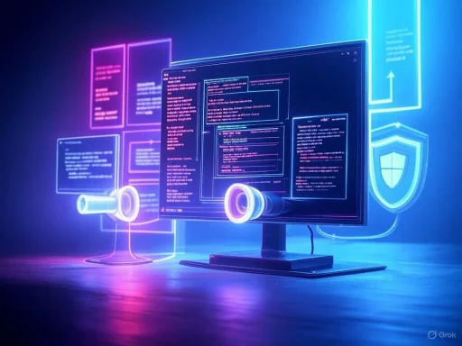Neon-lit digital security and coding visuals with a shield icon, suggesting cybersecurity theme.