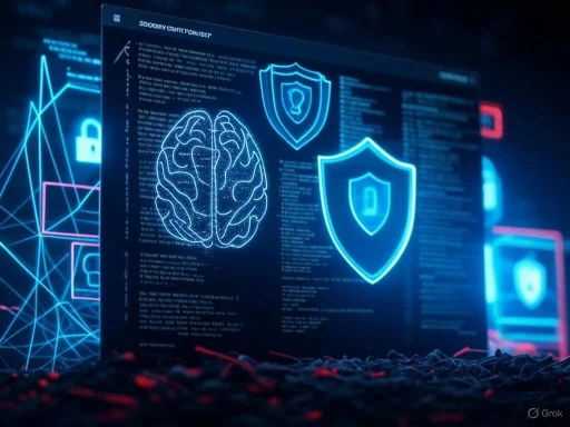 Digital security interface with brain, shield, and lock icons representing cyber protection and data privacy.