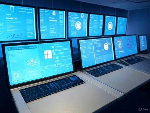 Multiple computer screens displaying blue digital interface and data, likely in a control or research center.