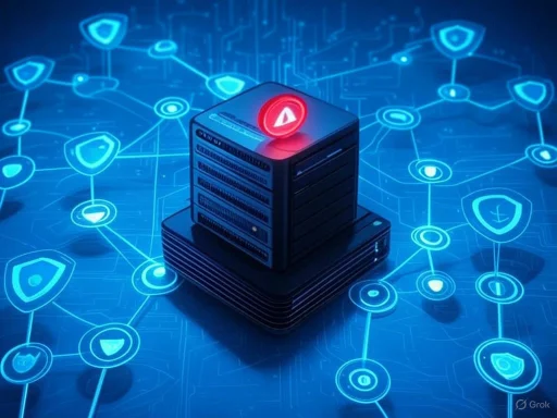 A server surrounded by digital security icons representing cybersecurity and data protection.