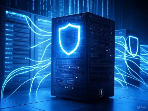 A server rack with digital shield icons and flowing data streams suggesting cybersecurity and data protection.