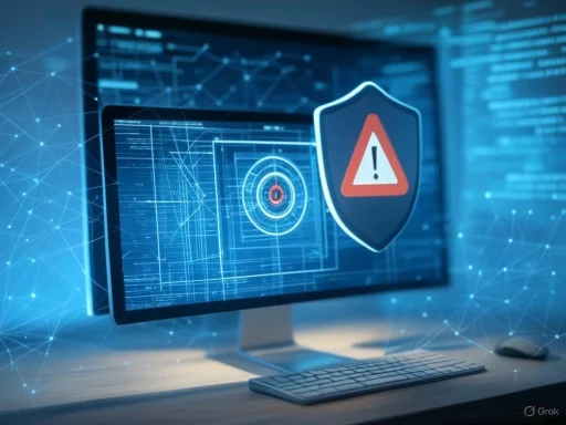 A computer monitor displays cybersecurity threat alerts, including a warning shield with an exclamation mark.