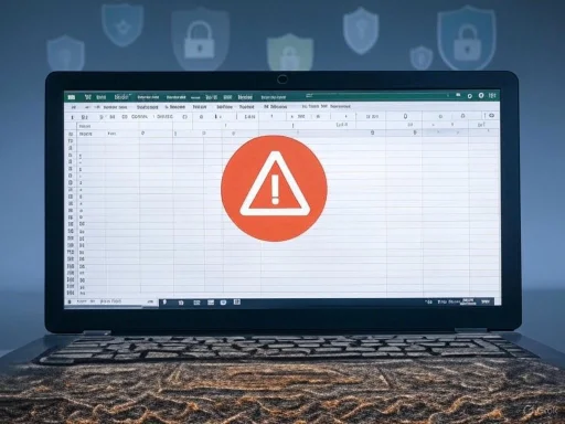 A laptop displaying a spreadsheet with a warning icon and shield symbols in the background. A laptop displaying a spreadsheet with a warning icon and shield symbols in the background.