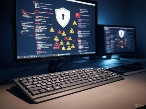 Two monitors display cybersecurity warning signals with a keyboard in a dark, focused workspace setting.
