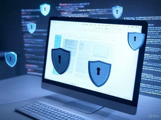 A computer screen displaying a spreadsheet with security shields and lock icons, symbolizing cybersecurity protection.