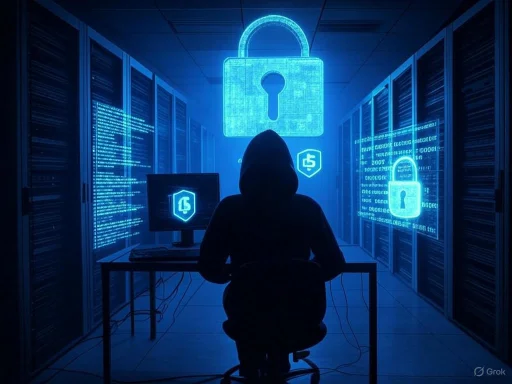 A person in a hoodie sits at a desk in a server room with digital lock icons on screens and holograms, signifying cybersecurity. A person in a hoodie sits at a desk in a server room with digital lock icons on screens and holograms, signifying cybersecurity.